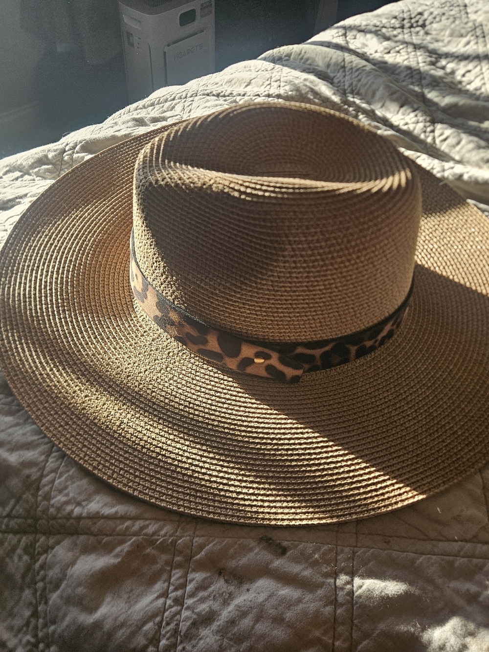 Wide Brim Straw Sun Hat with Leopard Band - Tan